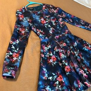 BEBE BLUE FLORAL PRINT JACQUARD FIT FLARE  DRESS